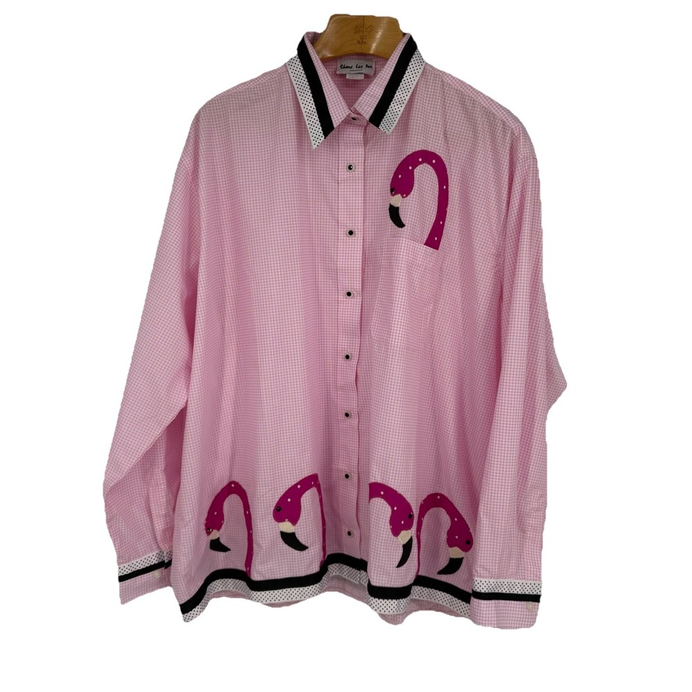 Vintage Shane Lee Womens Novelty‎ Button Up Top 2X Pink Flamingos Ribbon Resort